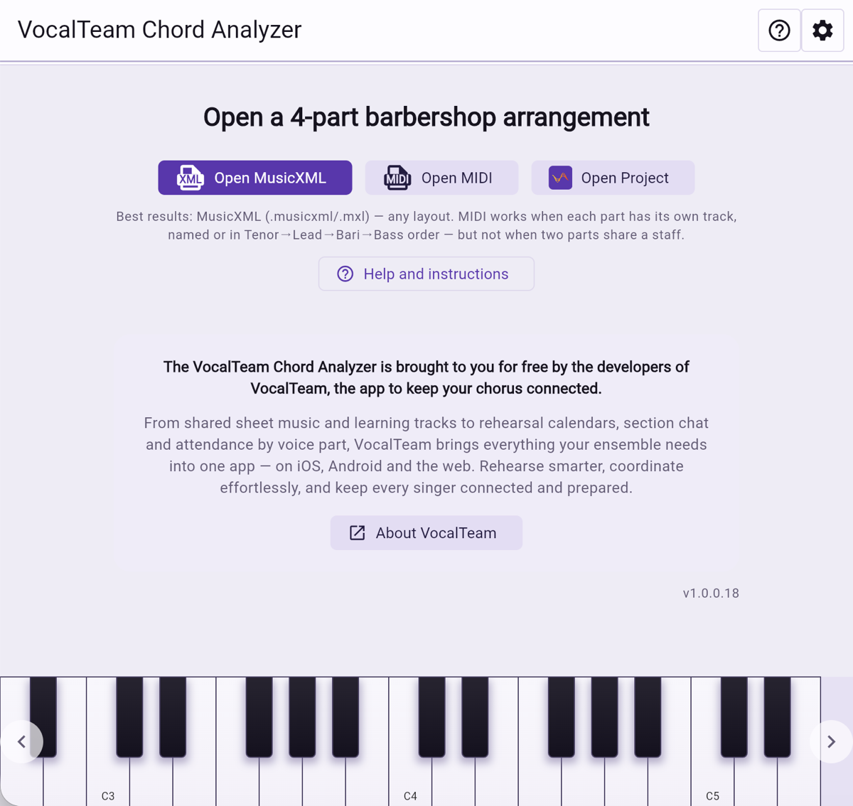 The Chord Analyzer start screen, offering to open a MusicXML file, a MIDI file or a saved project.