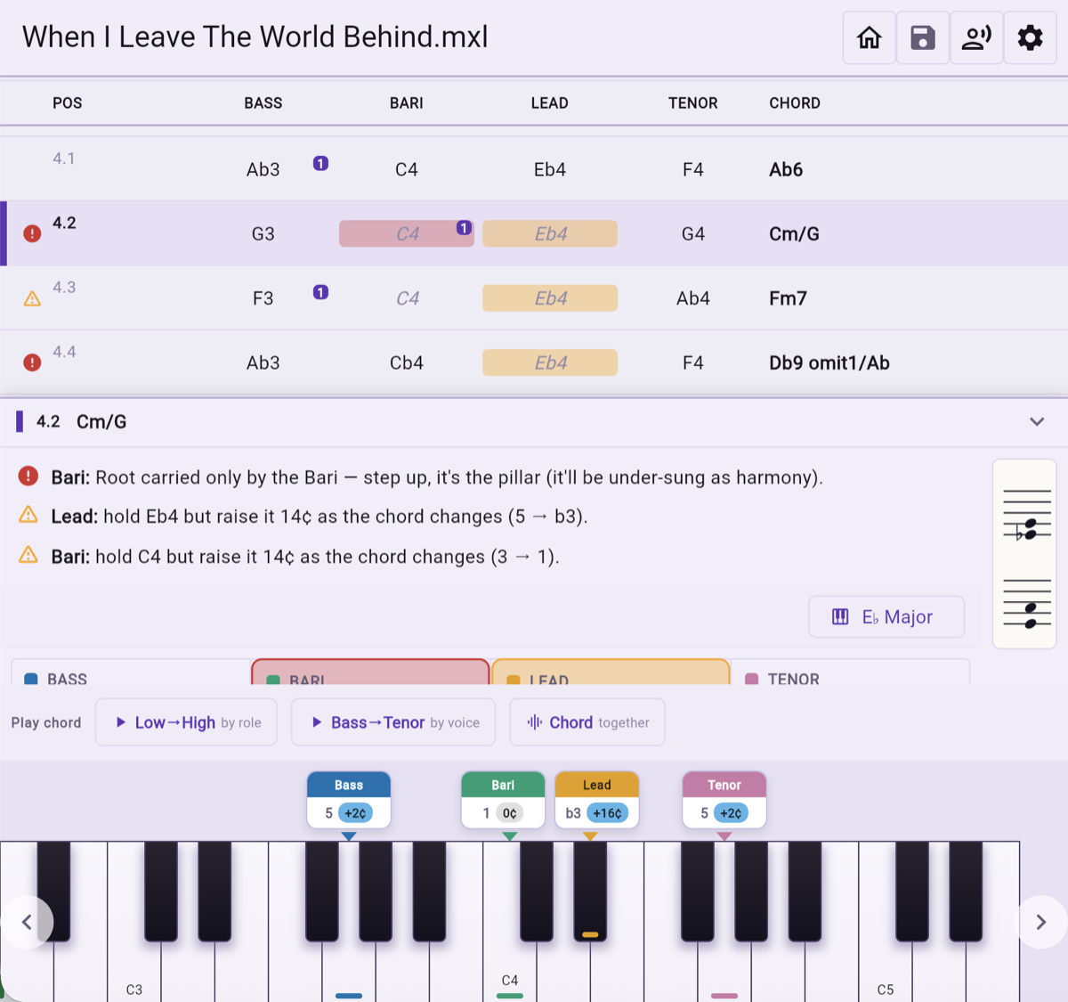 Guidance for one chord, in plain language: which part carries the root and which held notes must move.