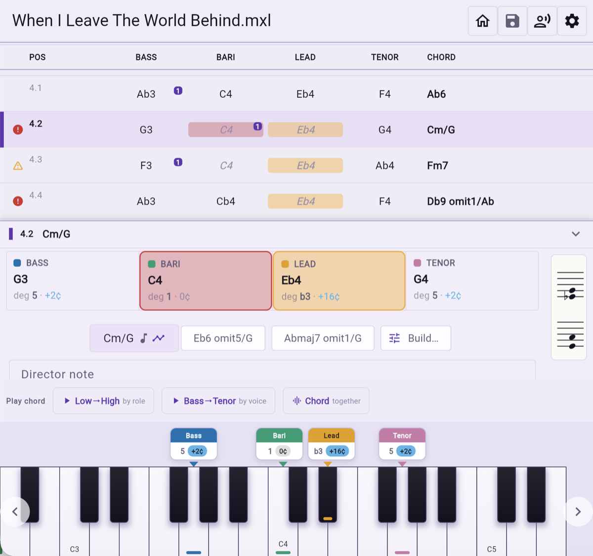 One chord shown with the degree and cent adjustment of each part, and alternative readings of the same four notes.