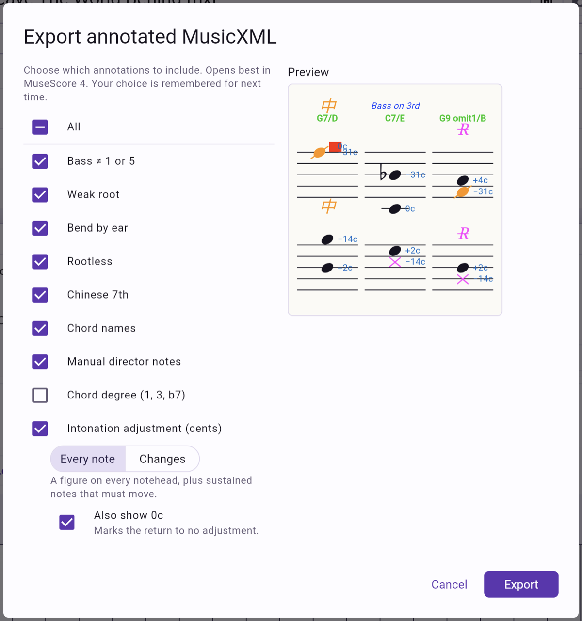 The export dialog, with a checklist of annotations to include and a live preview of the result.