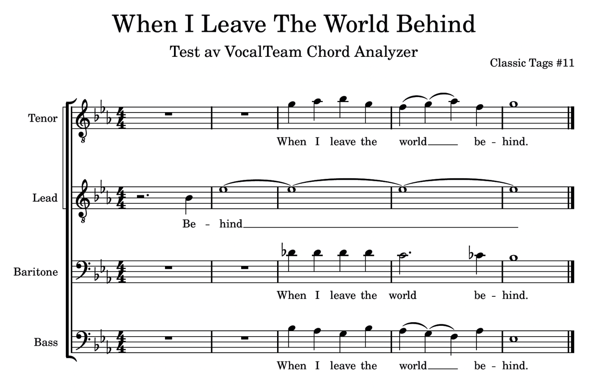 A barbershop tag as it was written: four staves, notes and lyrics, no annotations.
